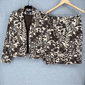 Jones Wear Womens Skirt Suit Open Blazer Set Size 8 Brown Cream Floral Tropical